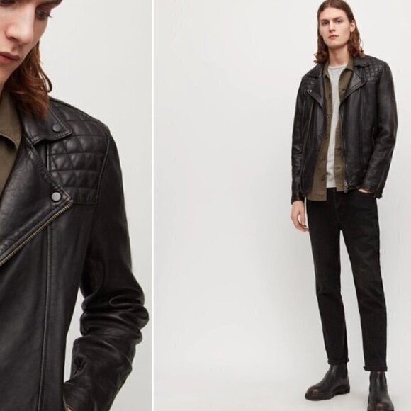 ALLSAINTS Men's/Unisex Conroy Crinkled Leather Biker Moto Jacket Black Olive XS - Picture 5 of 16